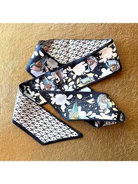 Twilly Scarf 36" X 2" Navy & Cream With Floral & Bird Design Reversible Pattern